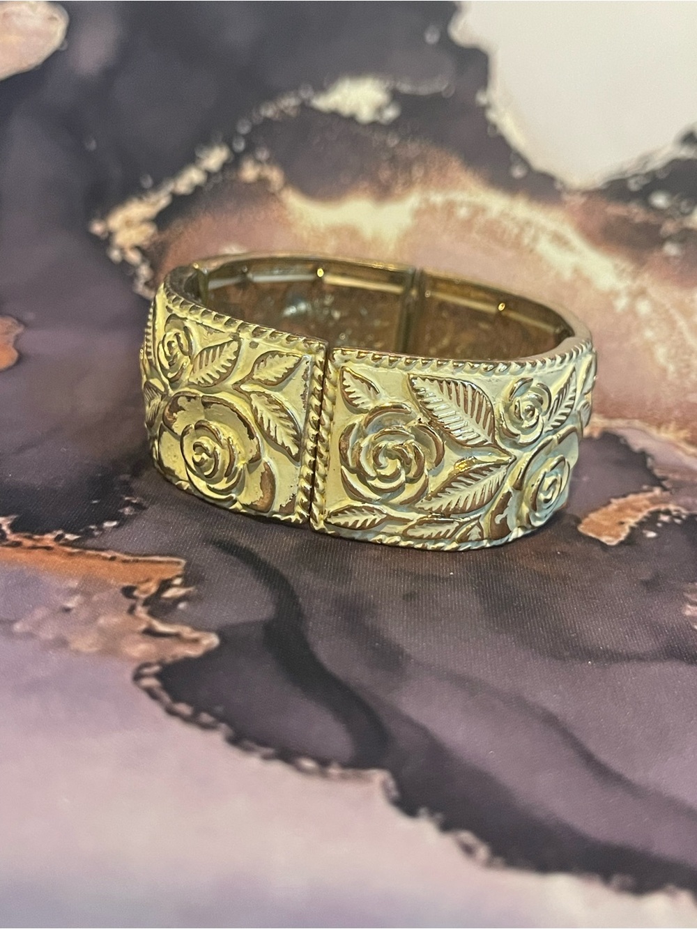 Gold Floral Engraved Hinged Bangle Bracelet - Picture 2 of 2